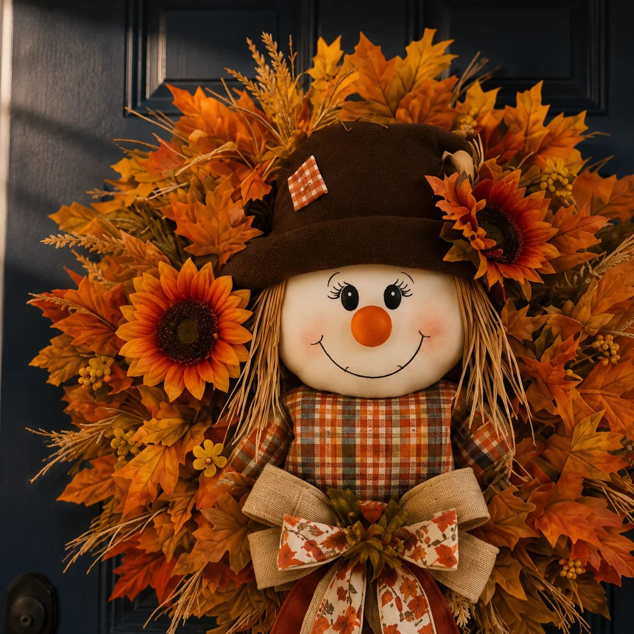 Illuminated Scarecrow Wreath for an Autumn Front Door