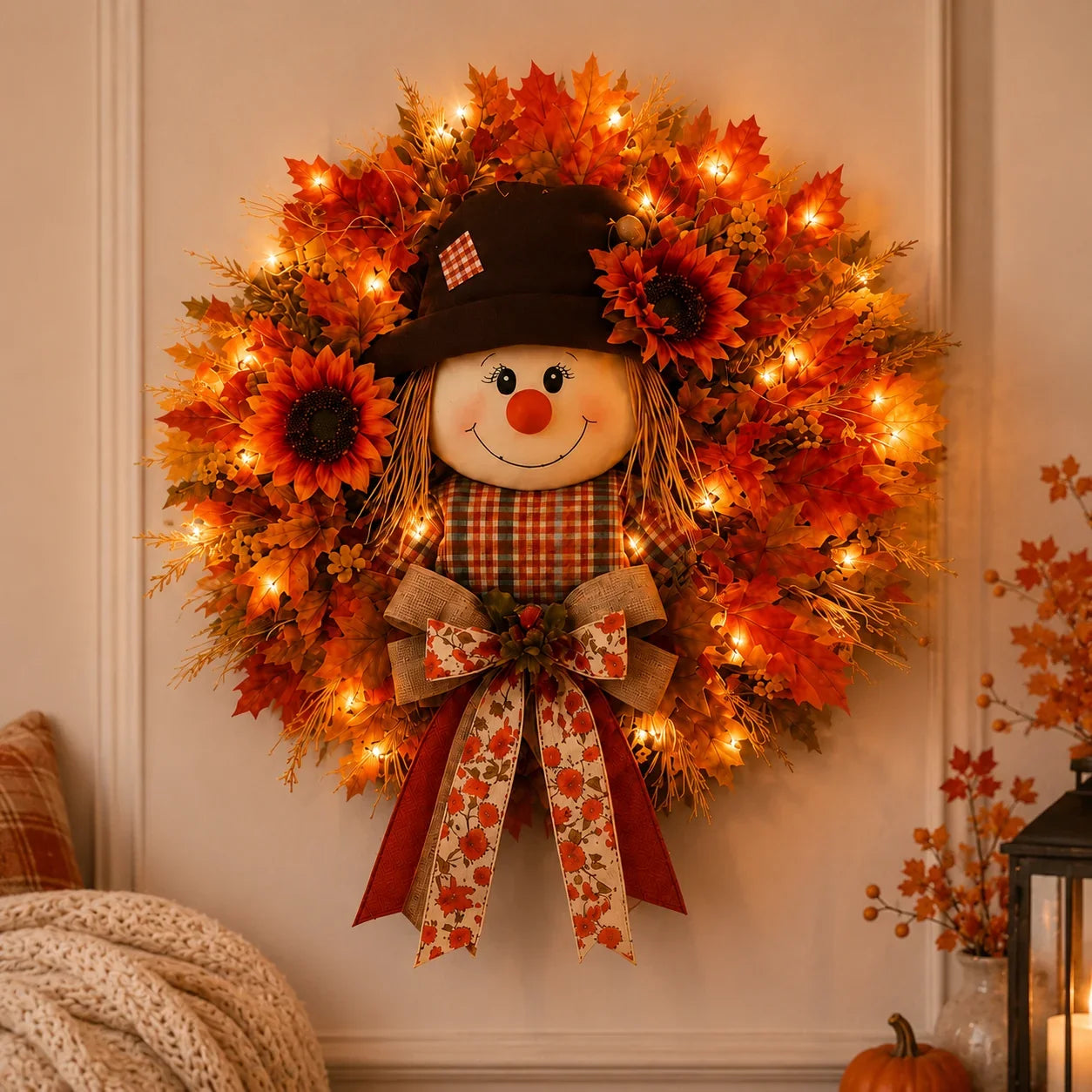 Illuminated Scarecrow Wreath for an Autumn Front Door