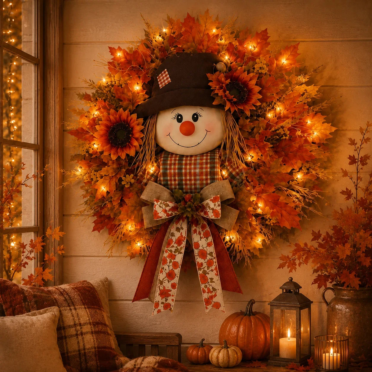 Illuminated Scarecrow Wreath for an Autumn Front Door