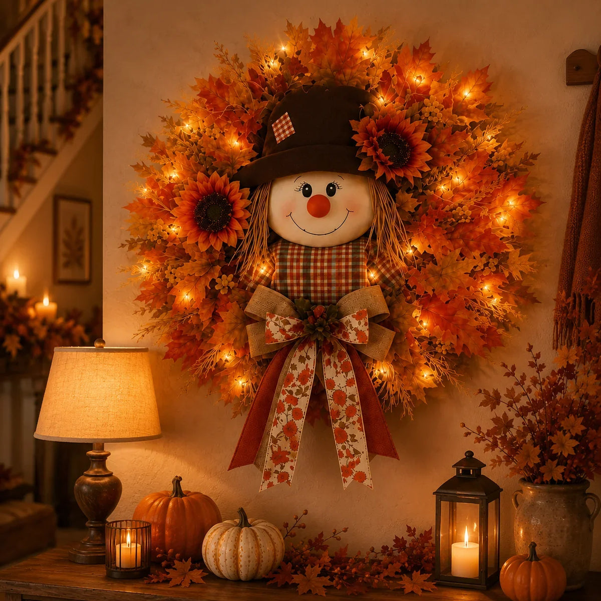 Illuminated Scarecrow Wreath for an Autumn Front Door