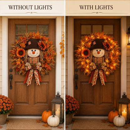 Illuminated Scarecrow Wreath for an Autumn Front Door