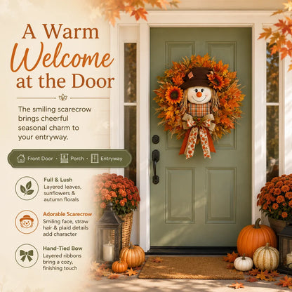 Illuminated Scarecrow Wreath for an Autumn Front Door
