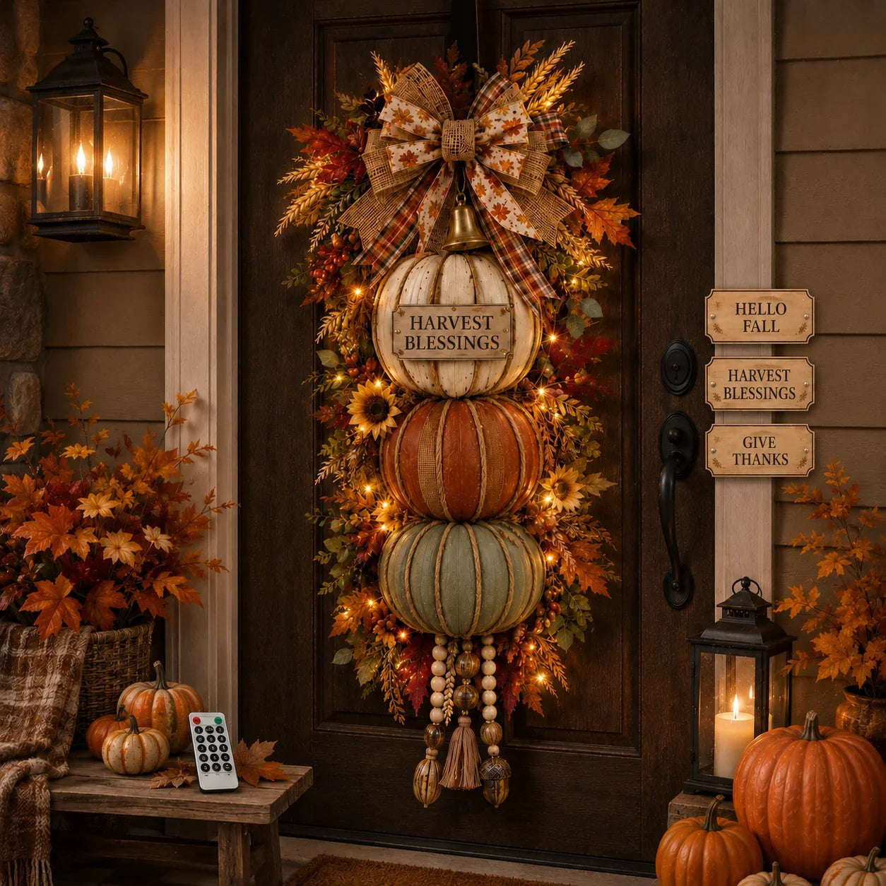 Illuminated Pumpkin Stack with Three Interchangeable Fall Signs