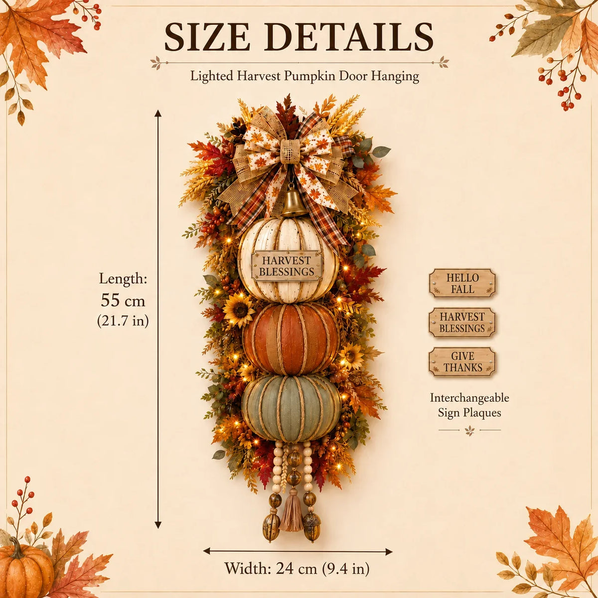 Illuminated Pumpkin Stack with Three Interchangeable Fall Signs