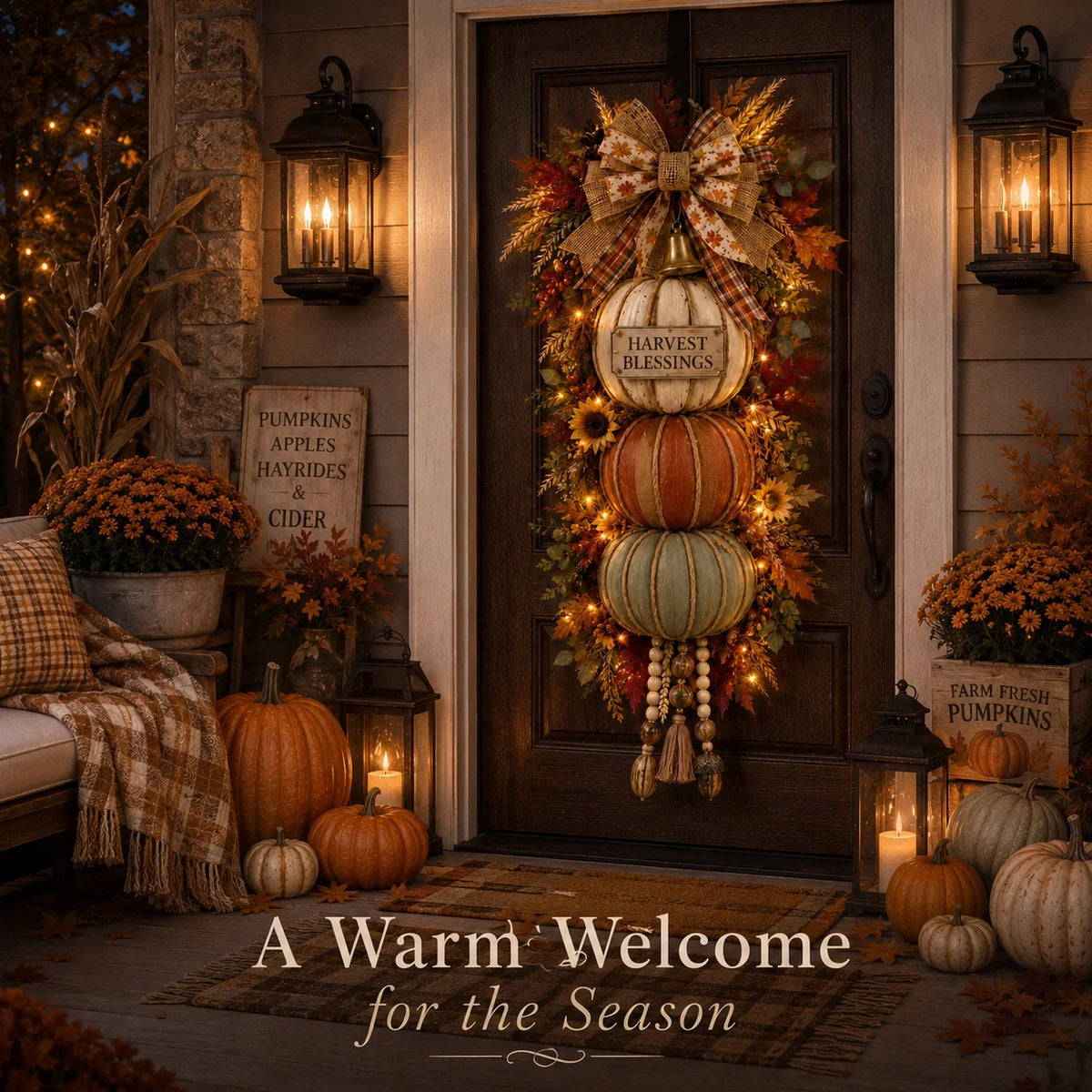 Illuminated Pumpkin Stack with Three Interchangeable Fall Signs