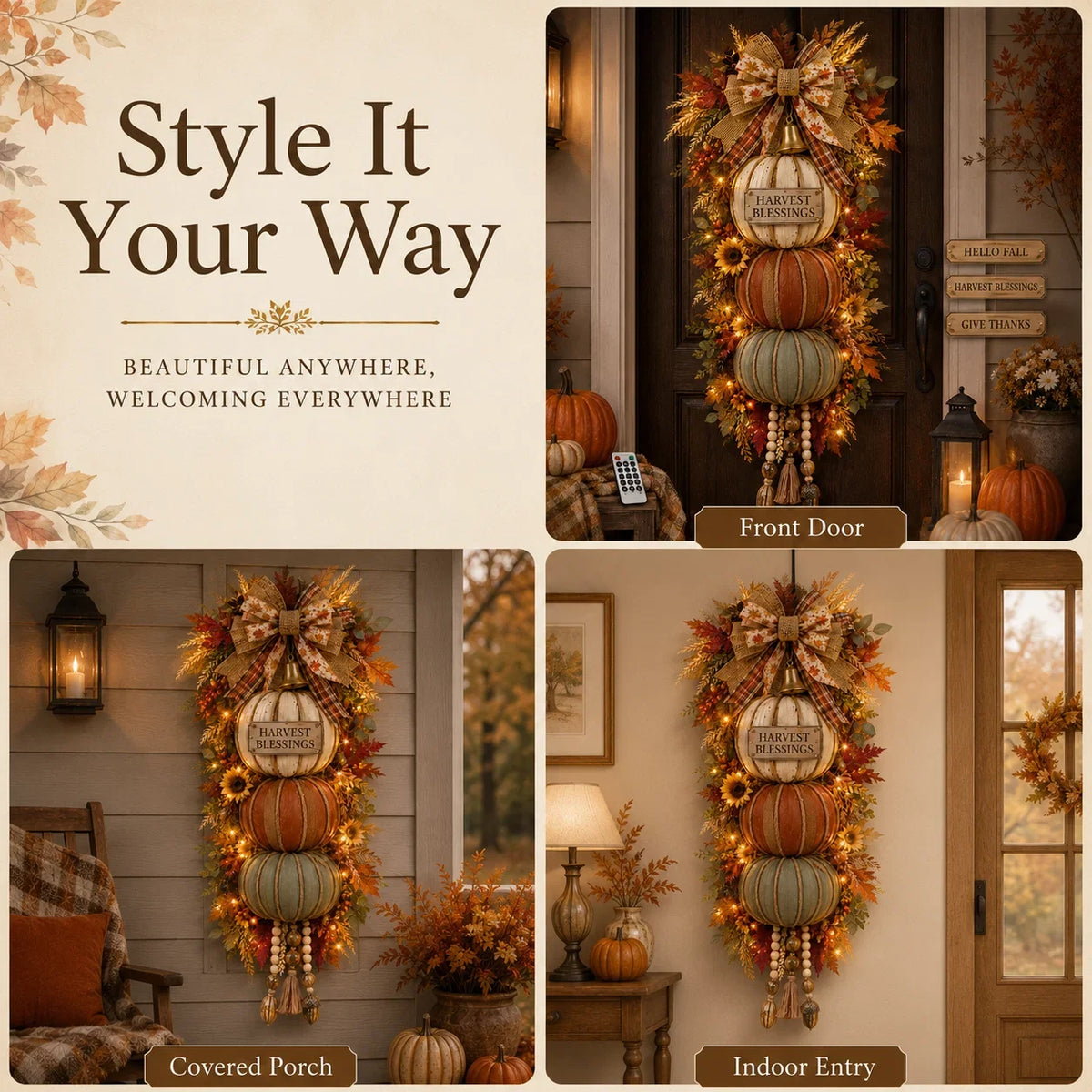 Illuminated Pumpkin Stack with Three Interchangeable Fall Signs