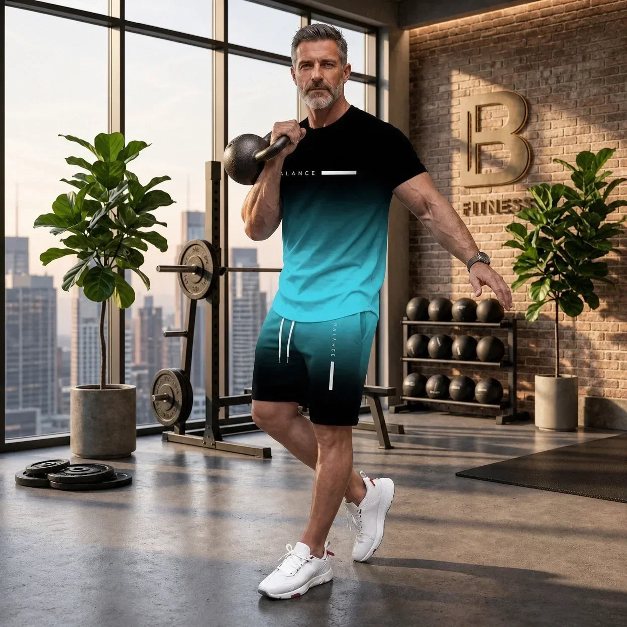 Men's Gradient Short-Sleeve Athletic T-Shirt and Shorts Set