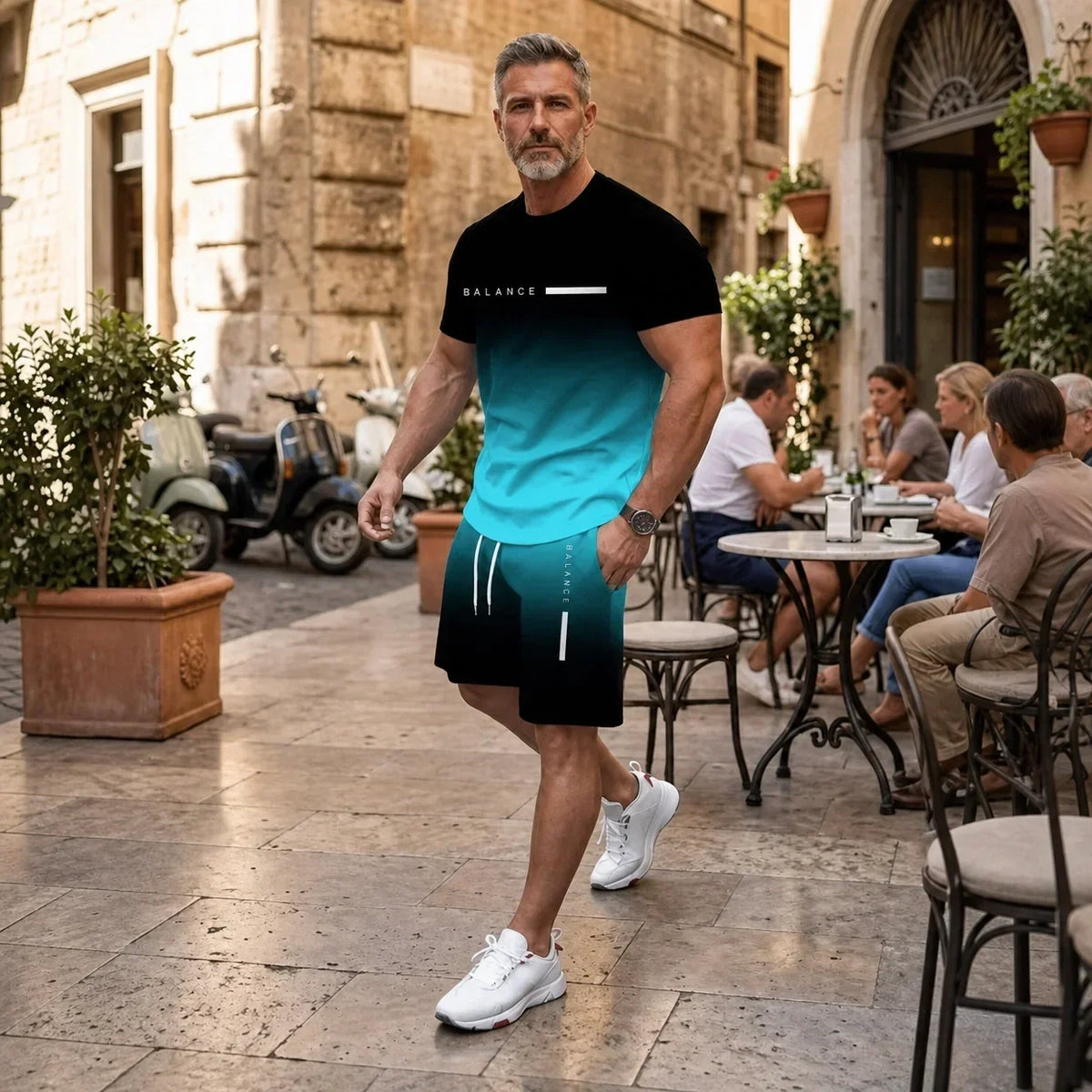 Men's Gradient Short-Sleeve Athletic T-Shirt and Shorts Set