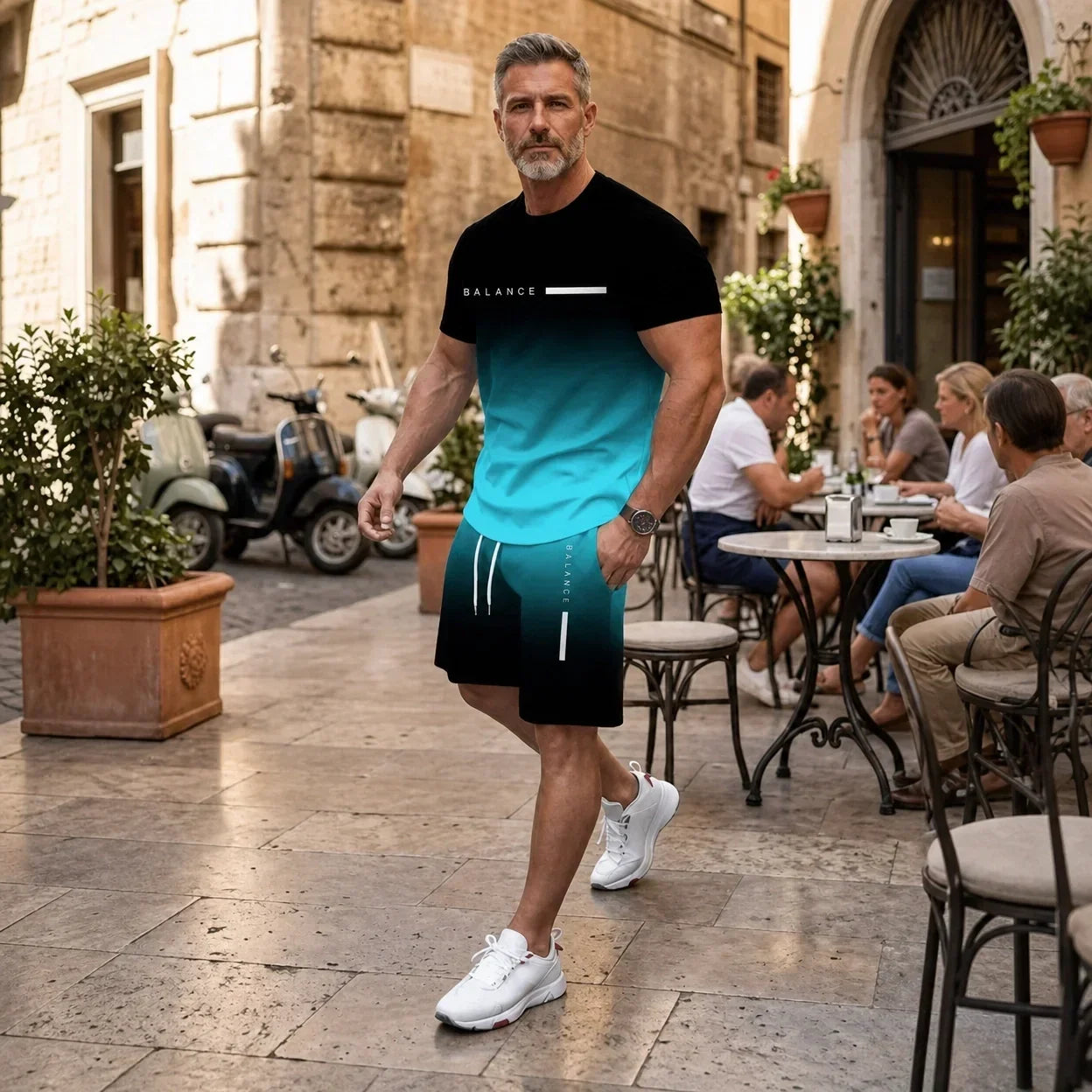 Men's Gradient Short-Sleeve Athletic T-Shirt and Shorts Set