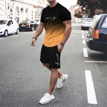 Men's Gradient Short-Sleeve Athletic T-Shirt and Shorts Set