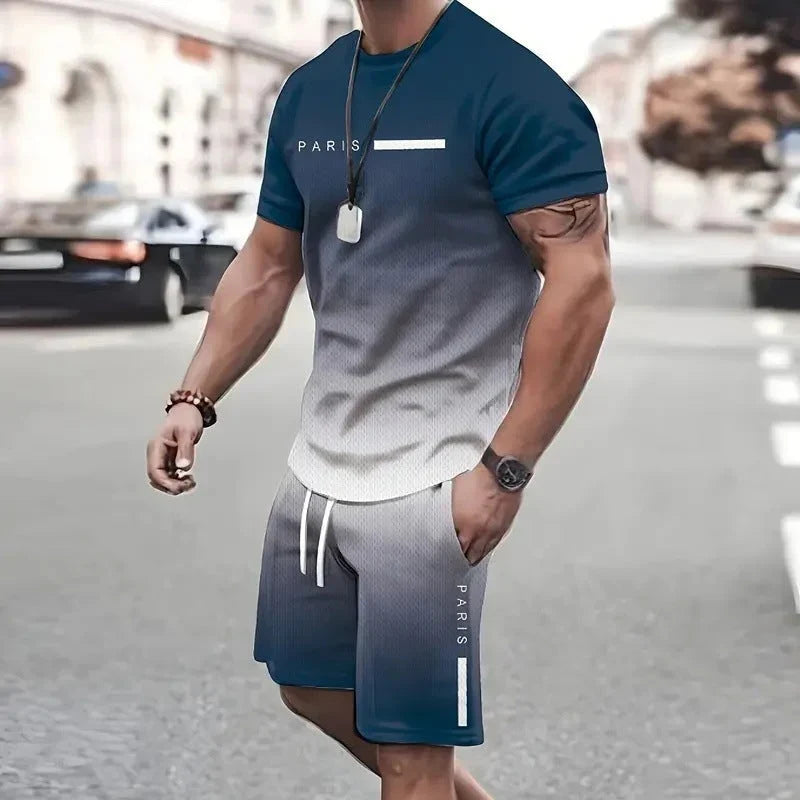 Men's Gradient Short-Sleeve Athletic T-Shirt and Shorts Set
