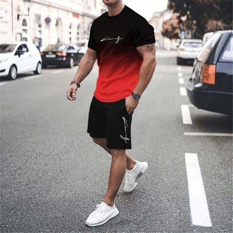 Men's Gradient Short-Sleeve Athletic T-Shirt and Shorts Set