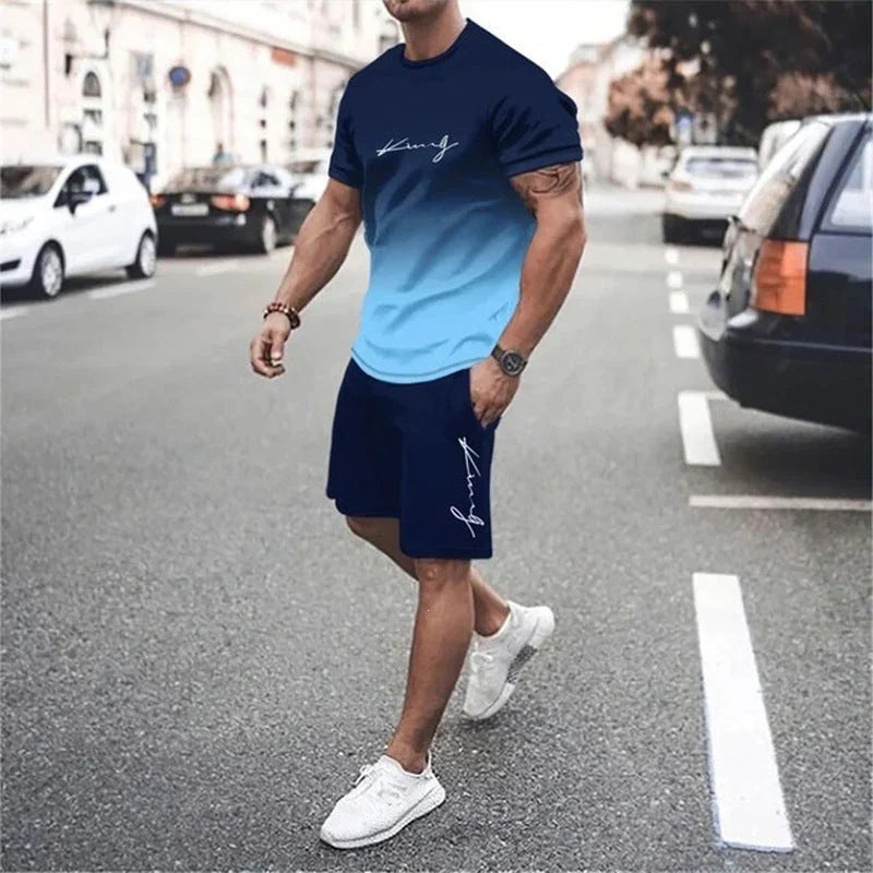 Men's Gradient Short-Sleeve Athletic T-Shirt and Shorts Set