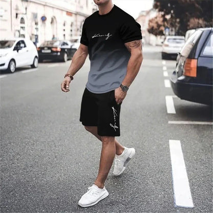 Men's Gradient Short-Sleeve Athletic T-Shirt and Shorts Set