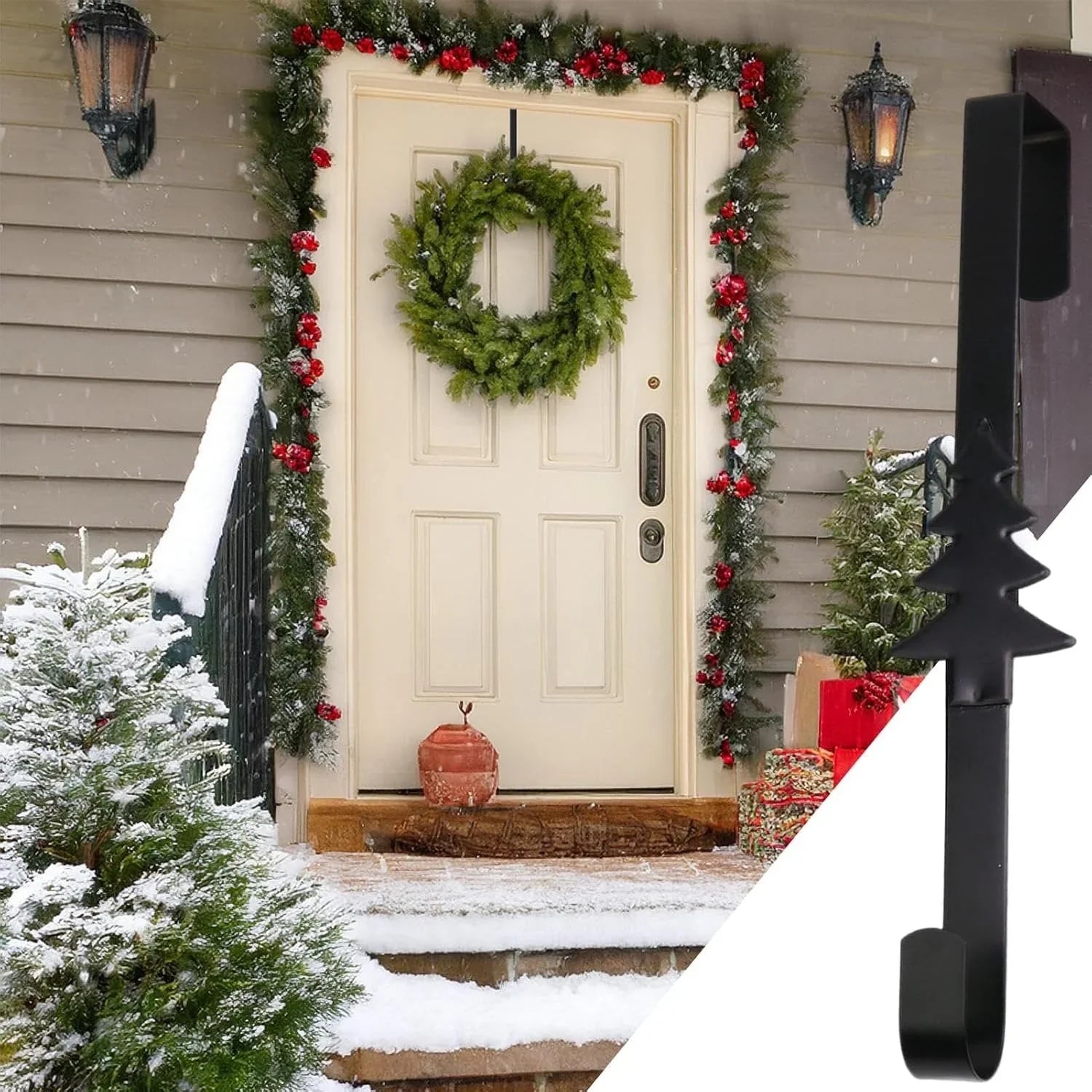 Space-Saving Metal Over The Door Wreath Hanger – Snowflake Tree Star