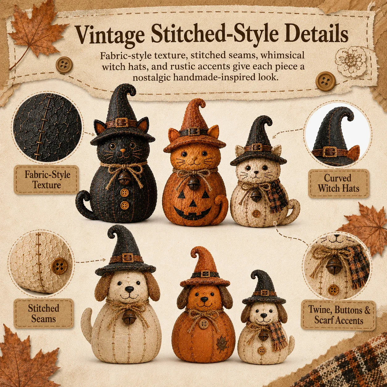 Pet-Friendly Vintage Witch Cat & Dog Decor Set for Daily Pet Care