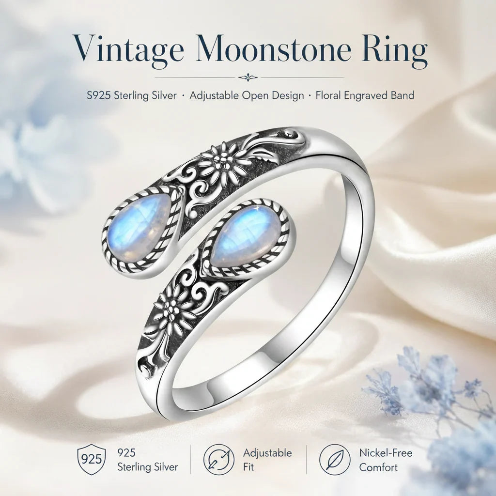 Adjustable Vintage Floral Ring with Moonstone Bloom