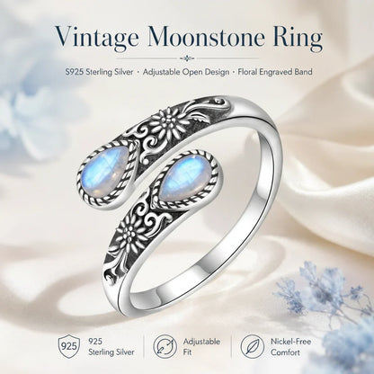 Adjustable Vintage Floral Ring with Moonstone Bloom
