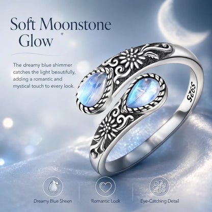 Adjustable Vintage Floral Ring with Moonstone Bloom