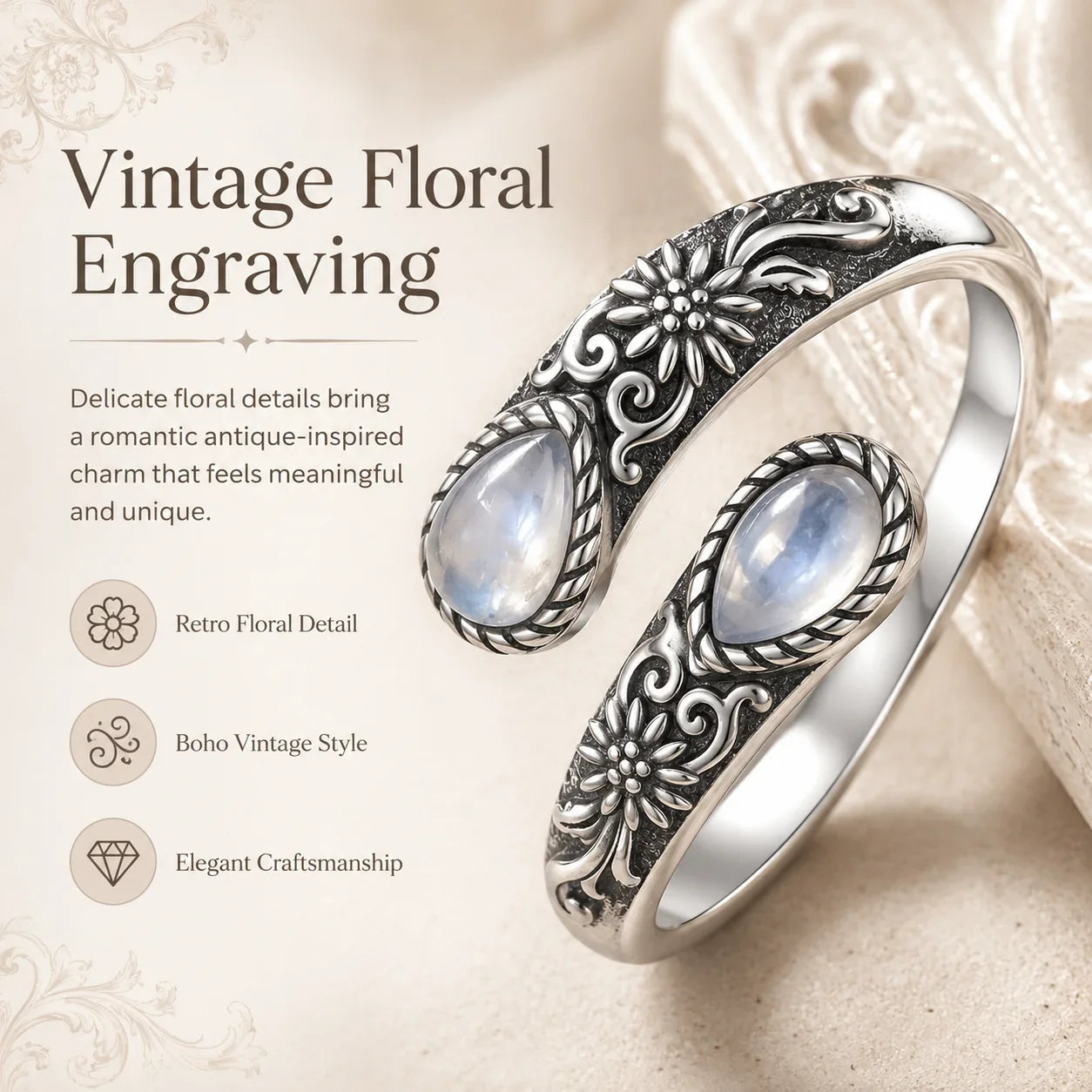 Adjustable Vintage Floral Ring with Moonstone Bloom