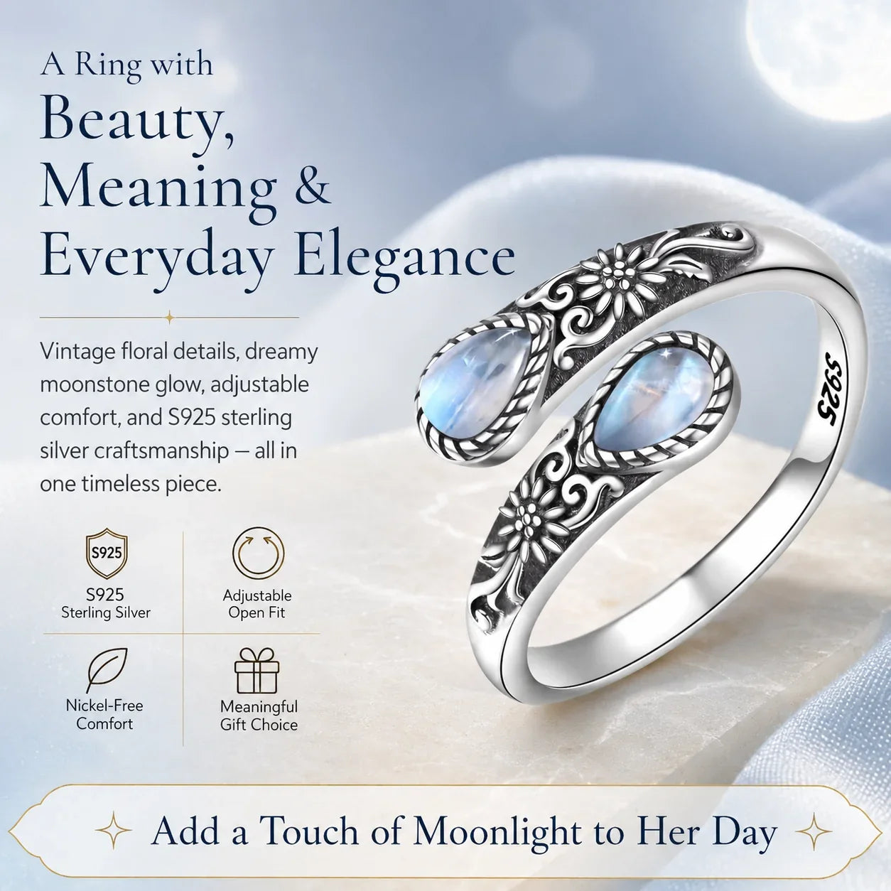 Adjustable Vintage Floral Ring with Moonstone Bloom