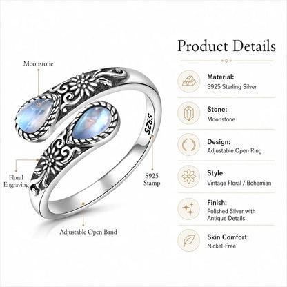 Adjustable Vintage Floral Ring with Moonstone Bloom