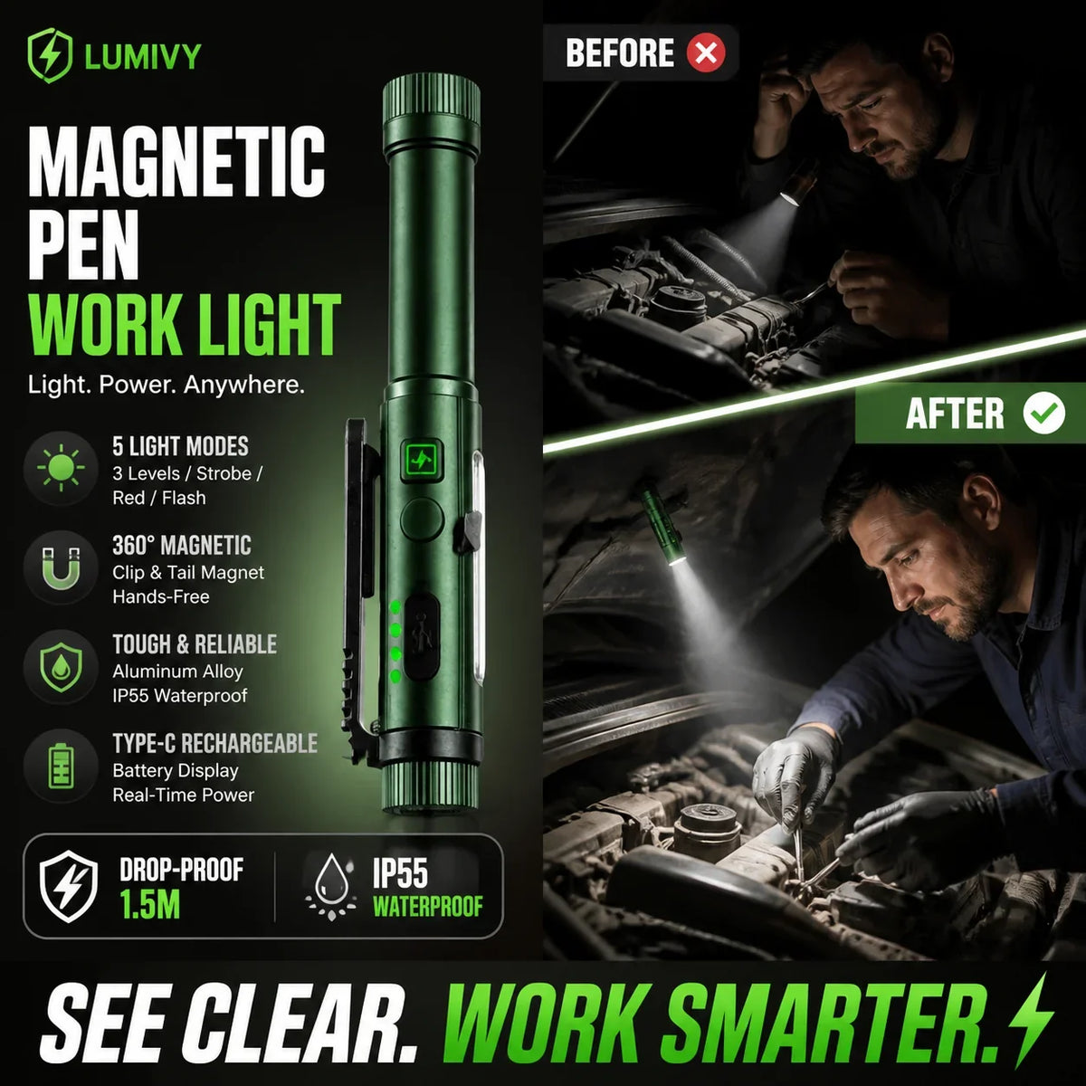 Pen-Shaped Magnetic LED Work Light with Rotating Head