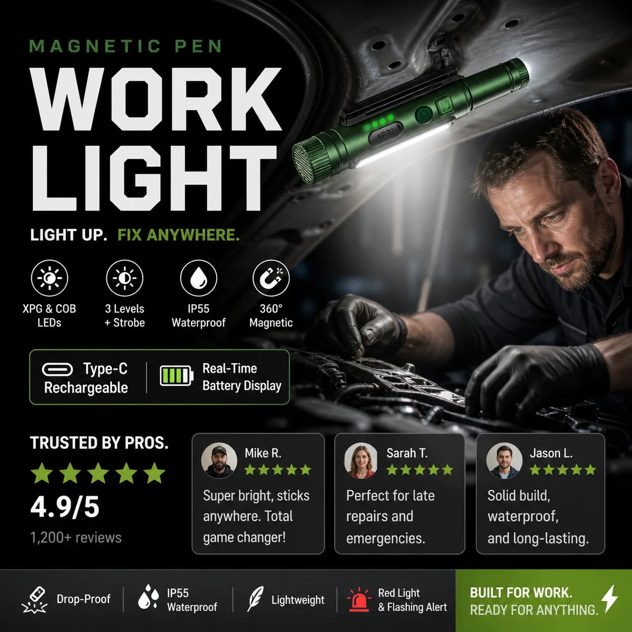 Pen-Shaped Magnetic LED Work Light with Rotating Head