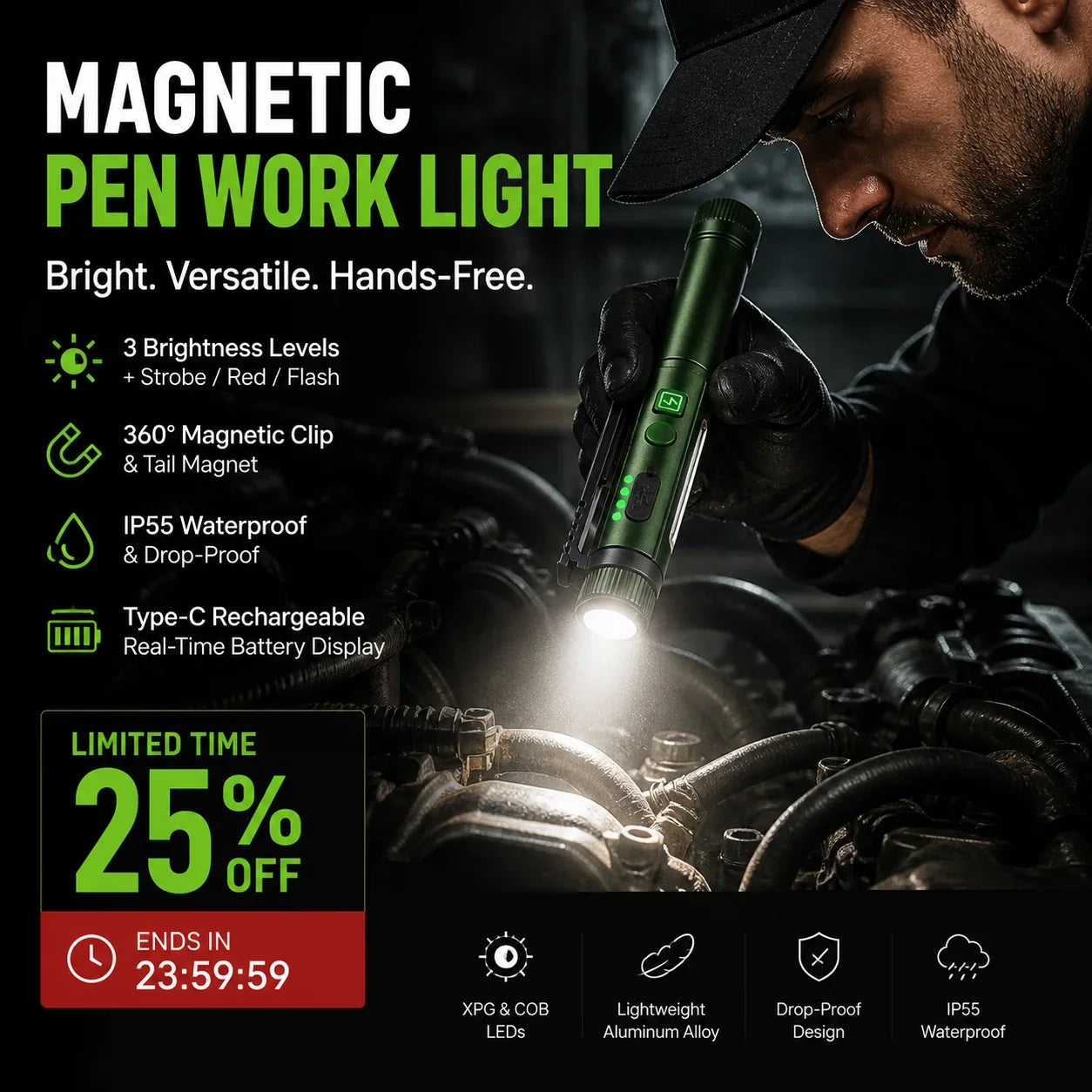 Pen-Shaped Magnetic LED Work Light with Rotating Head