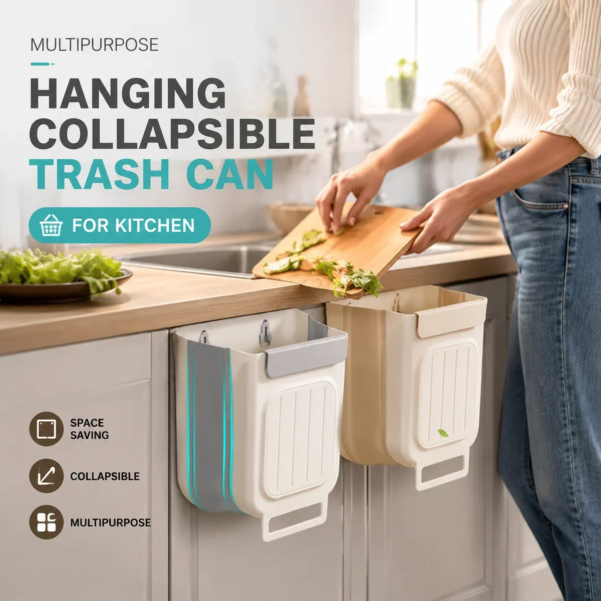 Space-Saving Collapsible Hanging Trash Can for Kitchen Cabinets