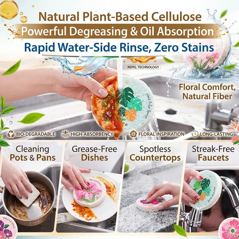 Practical Natural Wood Pulp Floral Dish Sponge – Eco-Friendly Kitchen