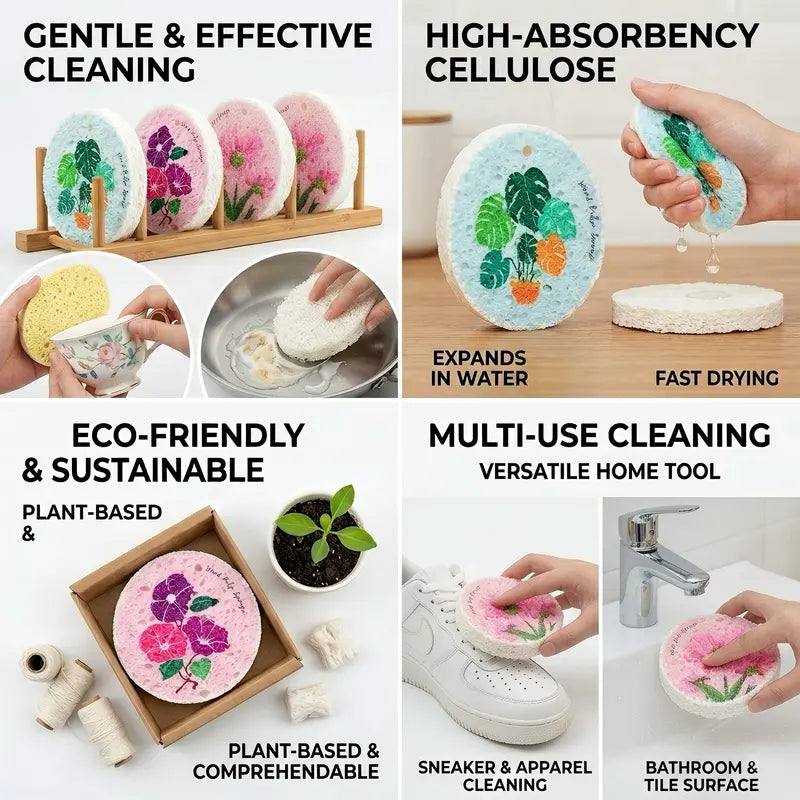 Practical Natural Wood Pulp Floral Dish Sponge – Eco-Friendly Kitchen