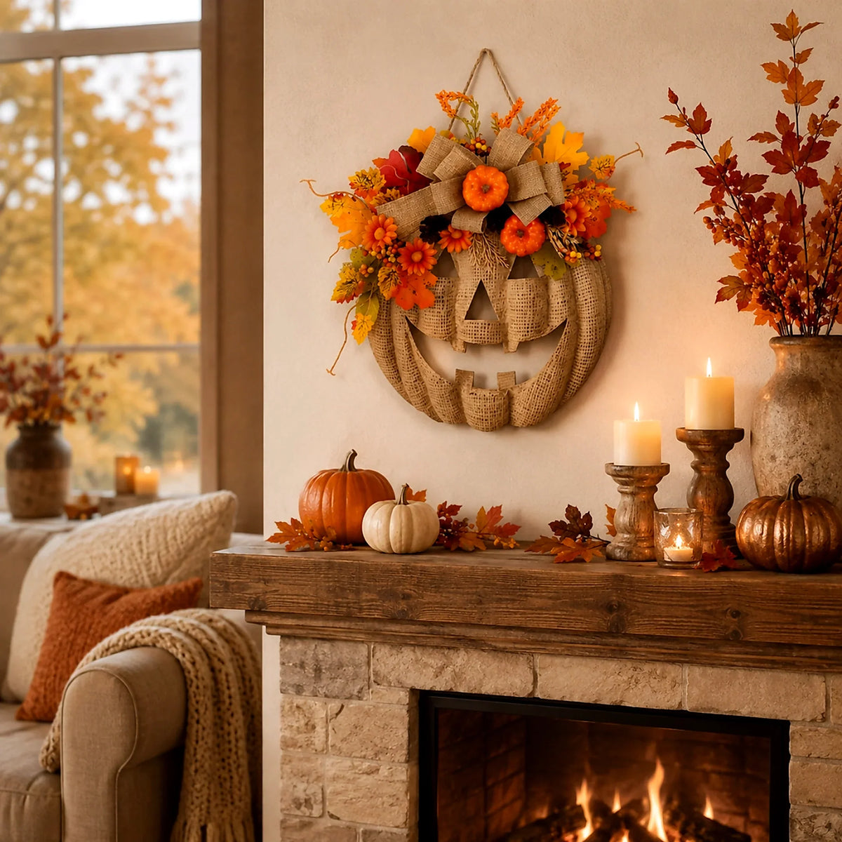 Decorative Lighted Burlap Pumpkin Wreath for Focused Lighting
