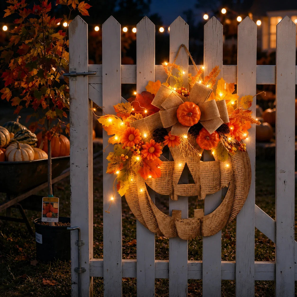 Decorative Lighted Burlap Pumpkin Wreath for Focused Lighting