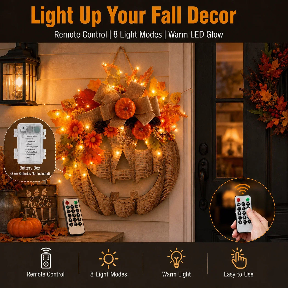 Decorative Lighted Burlap Pumpkin Wreath for Focused Lighting