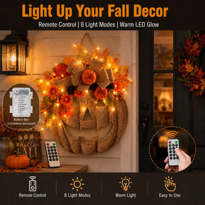 Decorative Lighted Burlap Pumpkin Wreath for Focused Lighting