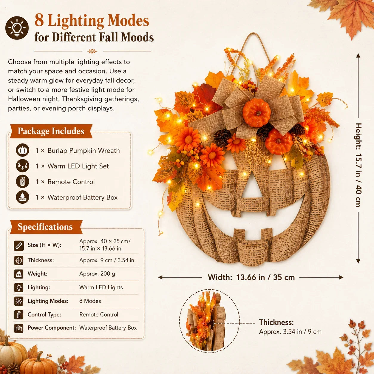 Decorative Lighted Burlap Pumpkin Wreath for Focused Lighting