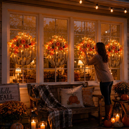 Decorative Lighted Burlap Pumpkin Wreath for Focused Lighting