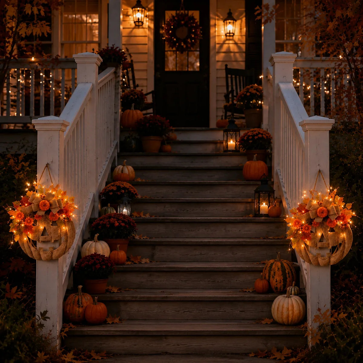 Decorative Lighted Burlap Pumpkin Wreath for Focused Lighting