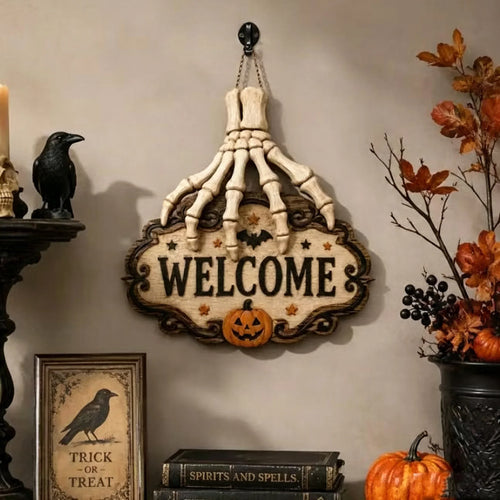 Purpose-Built Skeleton Hand Welcome Sign – Creepy Door Hanging