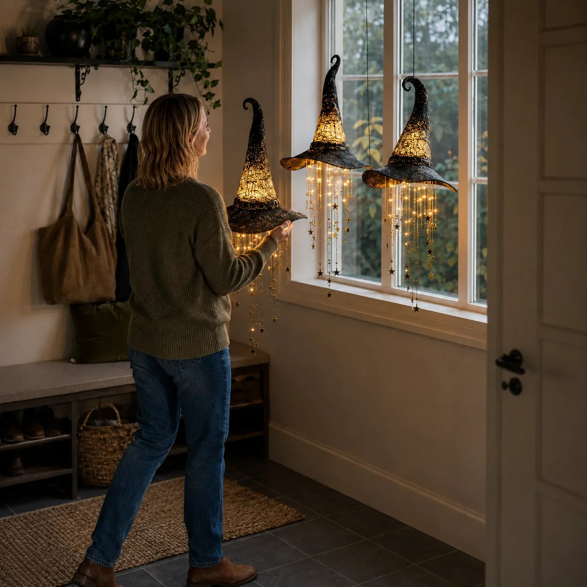 Decorative Lighted Witch Hat Hanging Decor with Cascading