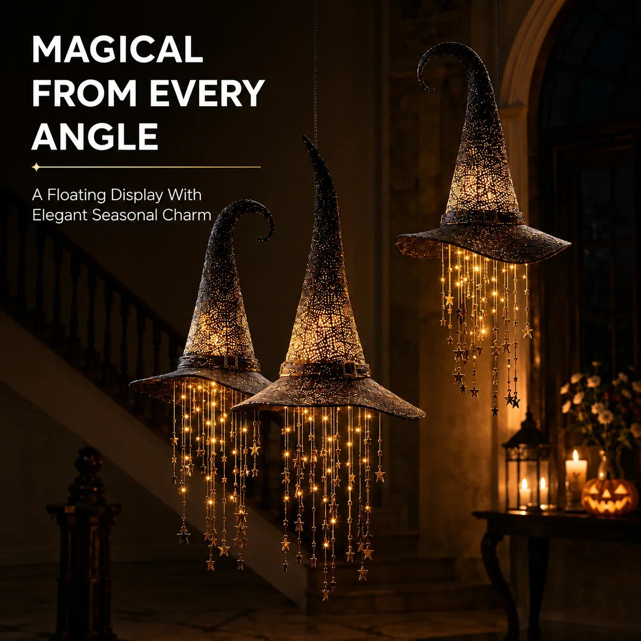 Decorative Lighted Witch Hat Hanging Decor with Cascading