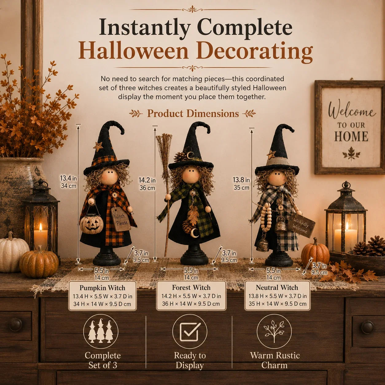 Purpose-Built Rustic Witch Figurines, Set of 3 – Vintage Farmhouse
