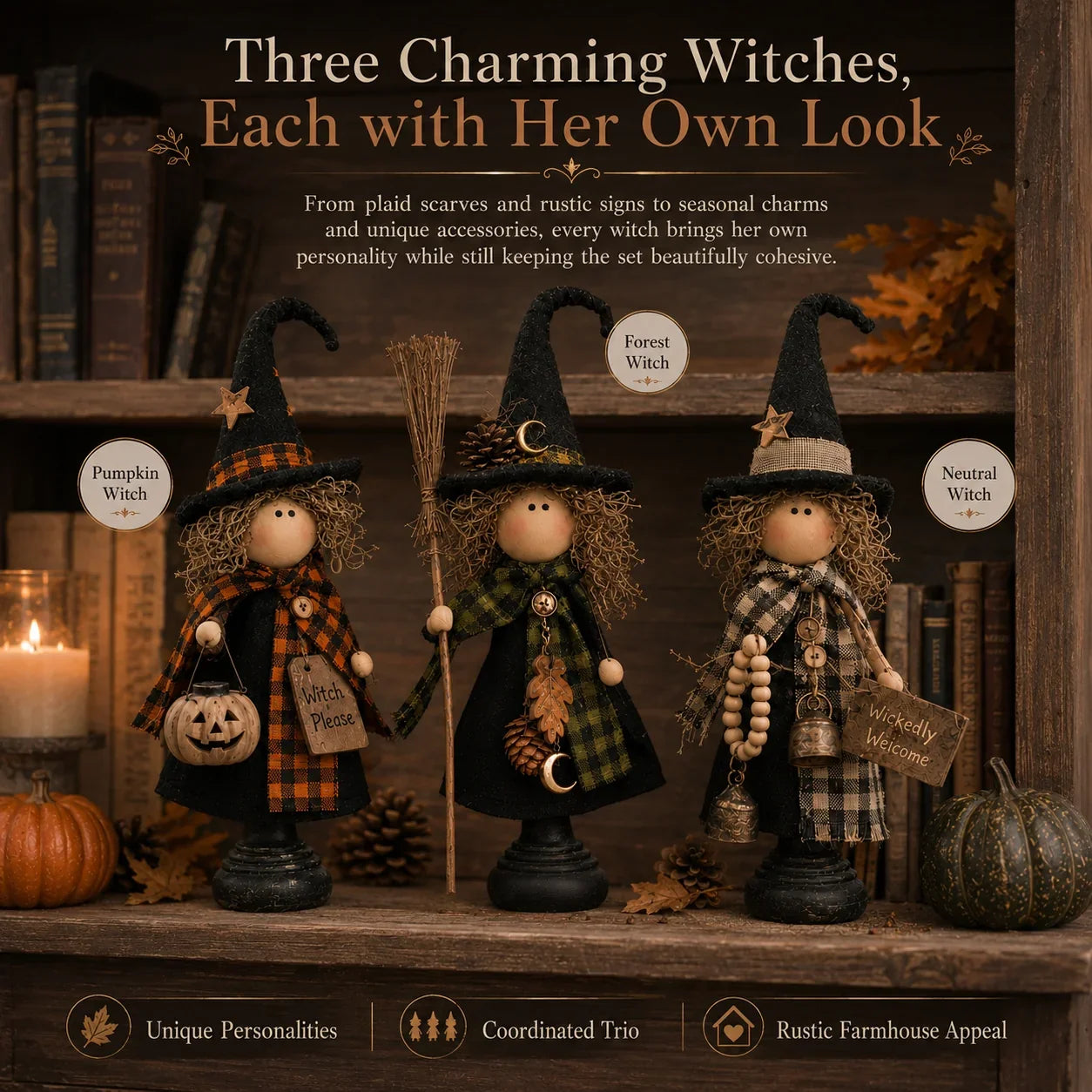 Purpose-Built Rustic Witch Figurines, Set of 3 – Vintage Farmhouse
