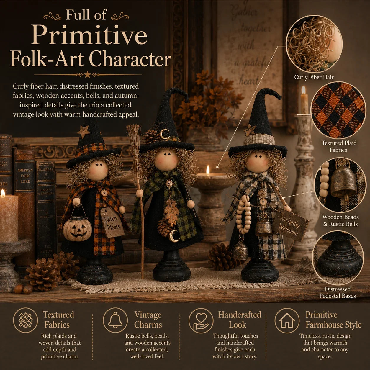 Purpose-Built Rustic Witch Figurines, Set of 3 – Vintage Farmhouse