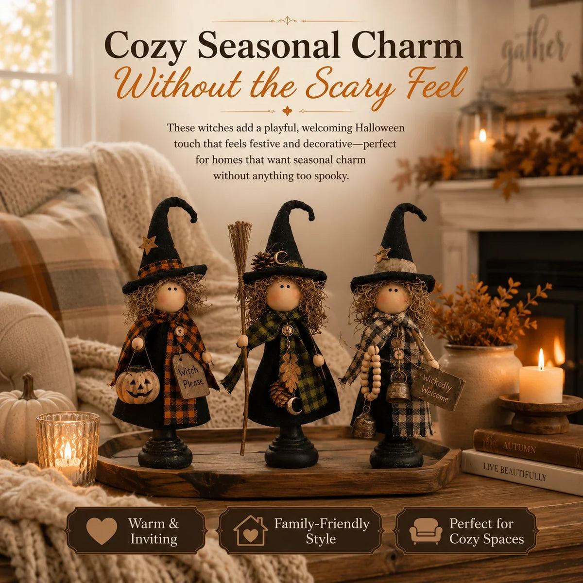 Purpose-Built Rustic Witch Figurines, Set of 3 – Vintage Farmhouse