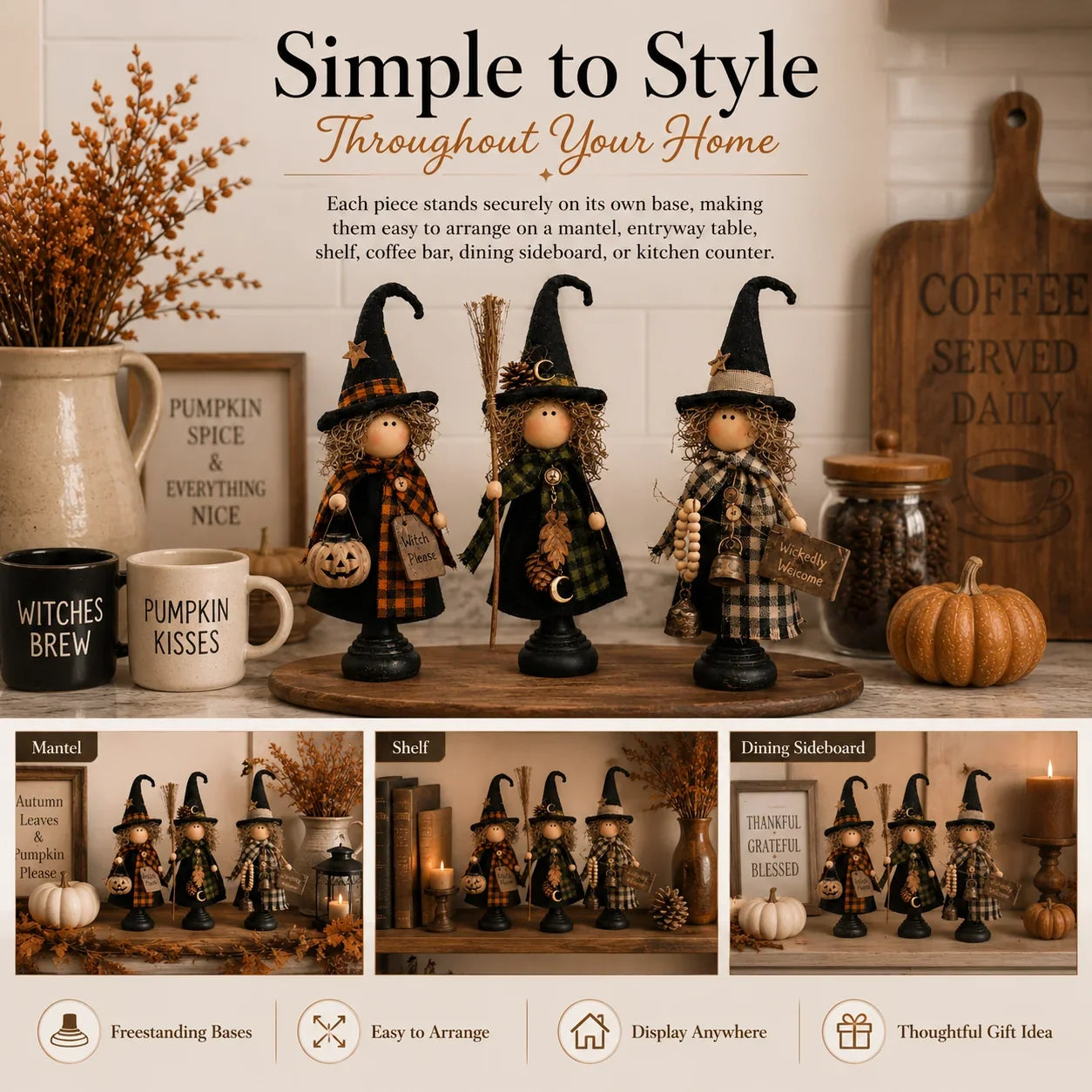 Purpose-Built Rustic Witch Figurines, Set of 3 – Vintage Farmhouse
