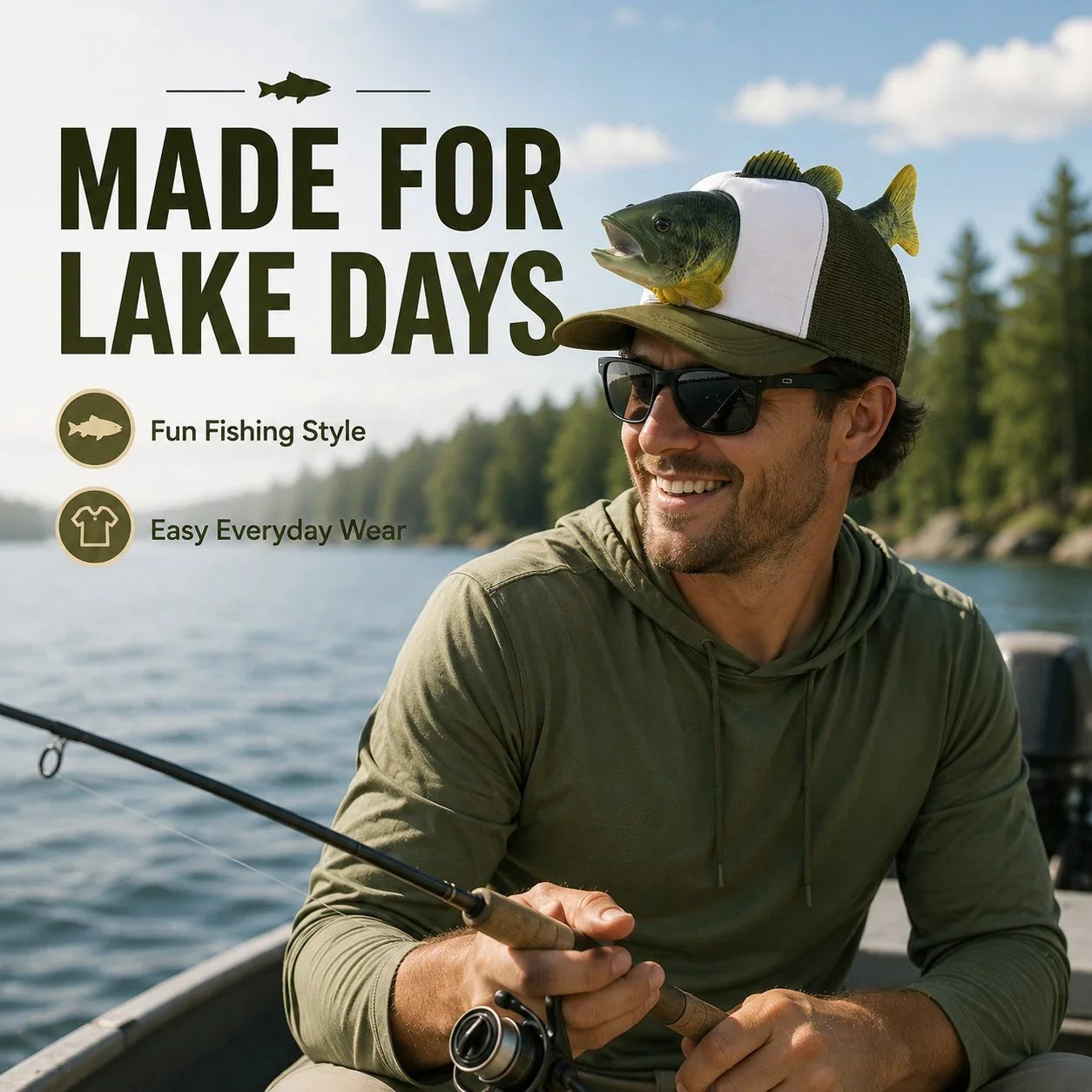 3D Bass Fish Trucker Hat for Lake and Fishing Trips