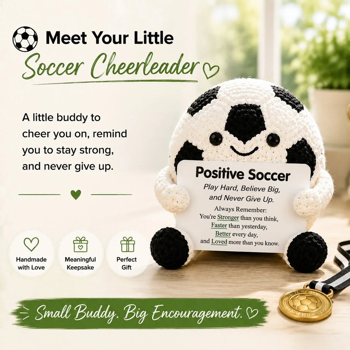 Purpose-Built Positive Soccer Buddy – Handmade Crochet Encouragement