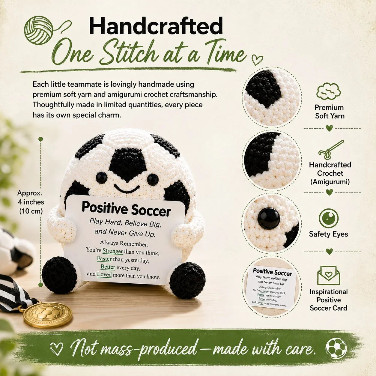 Purpose-Built Positive Soccer Buddy – Handmade Crochet Encouragement
